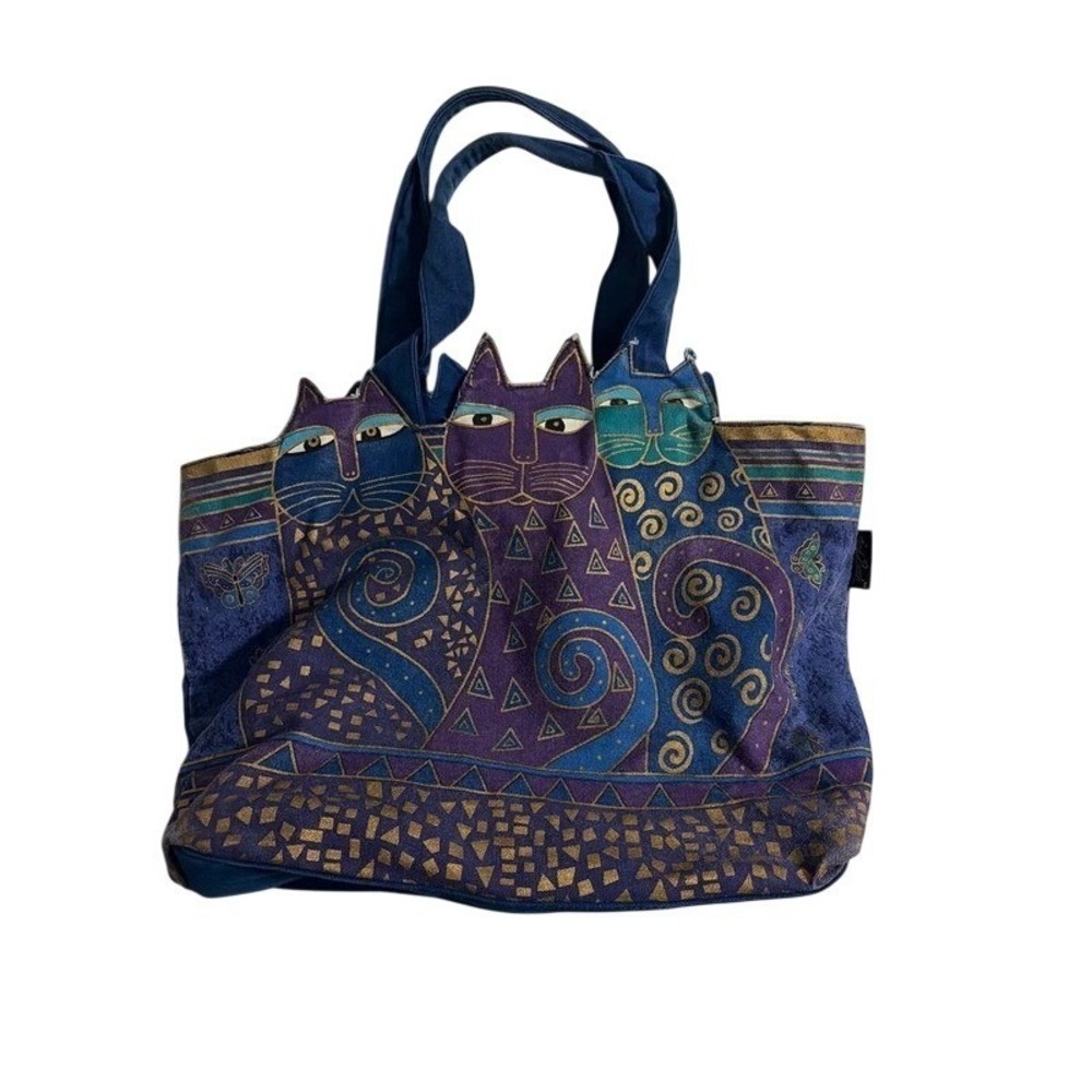 Laurel Burch Tote Bag Whimsical Indigo Purple Gold Metallic Cat Art Canvas Large
